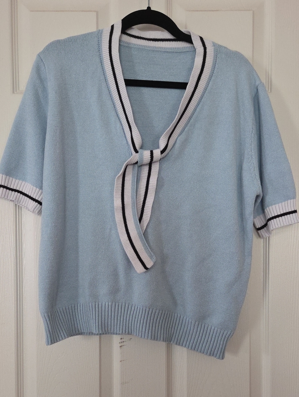 Light Blue Tie-Neck Short Sleeve Sweater